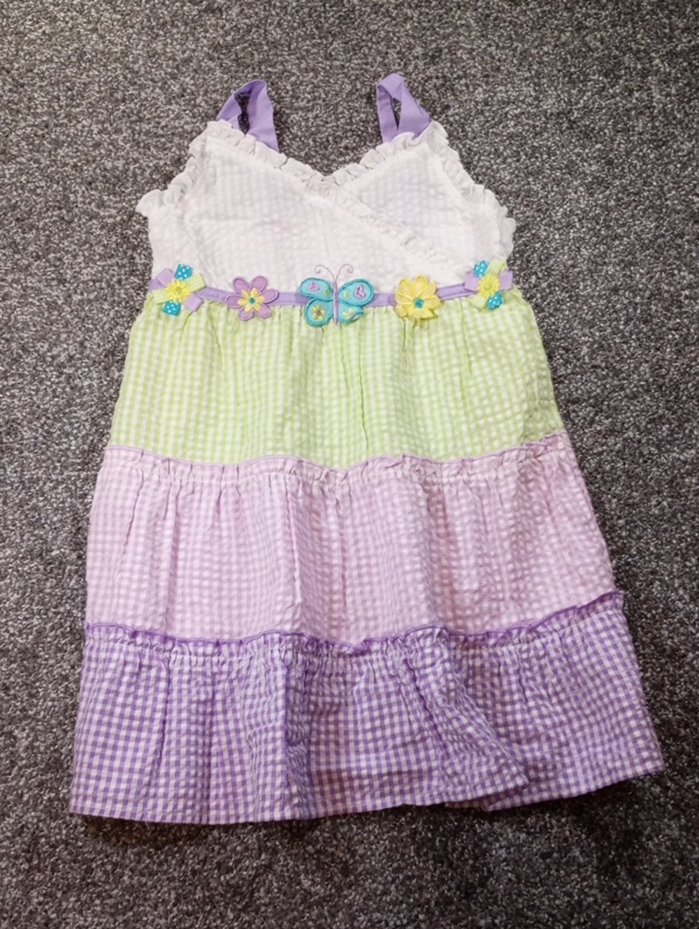 Youngland Purple and Green Butterfly Tiered Seersucker Dress
